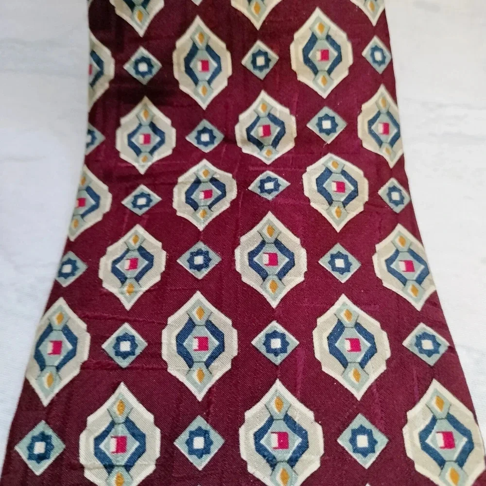 Countess Maria Silk Necktie Tie Red Maroon Blue Off White Geometric 58